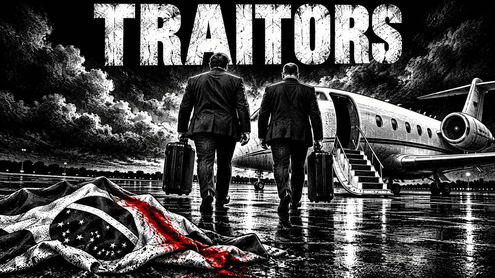 TRAITORS - Two silhouettes departing Brazil toward a private jet, Brazilian flag abandoned on the ground
